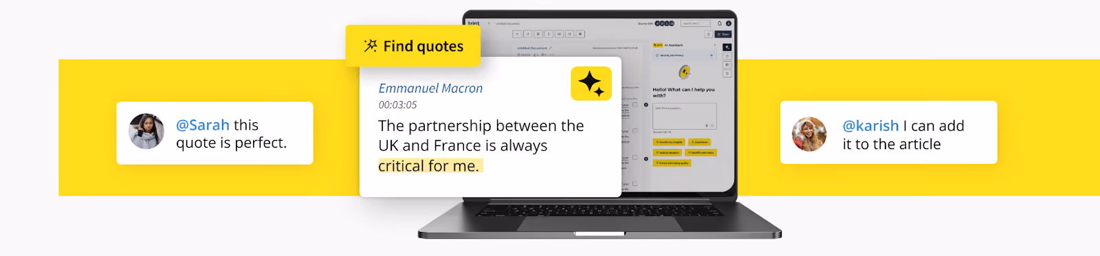 Image showing Trint users commenting and collaborating on a transcript from Emmanuel Macron