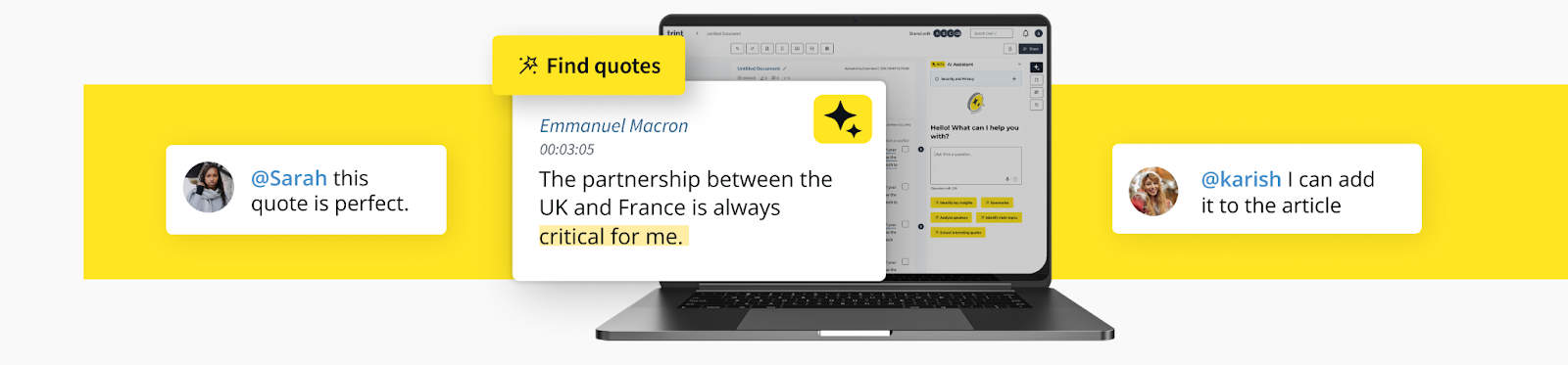 Image showing Trint users commenting and collaborating on a transcript from Emmanuel Macron