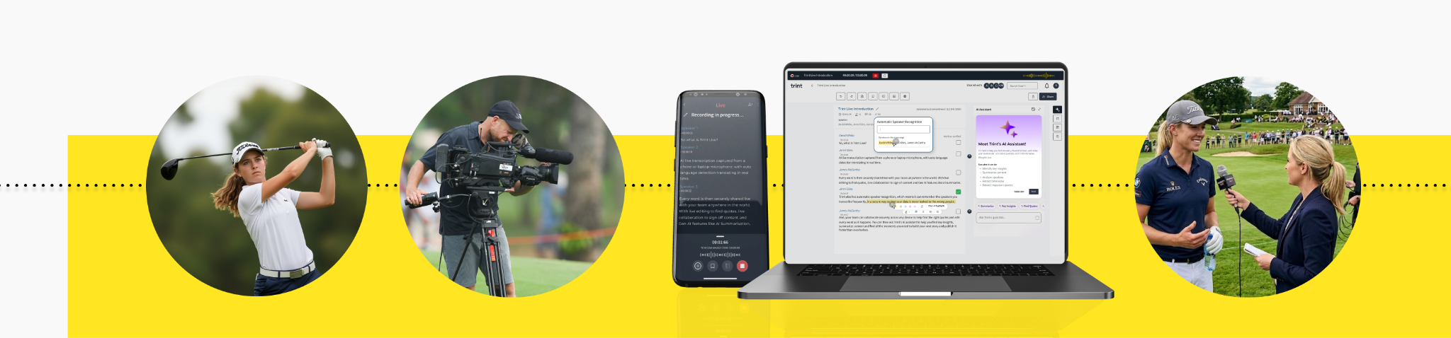 Images of female golfers, camera crew, Trint platform and interview.