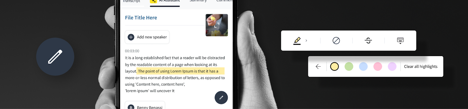 Showing the transcript editor on Trint's mobile app and some of the dynamic tools like changing speaker names and highlighting or striking quotes