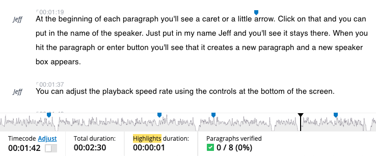 Example of timestamping in a Trint transcript