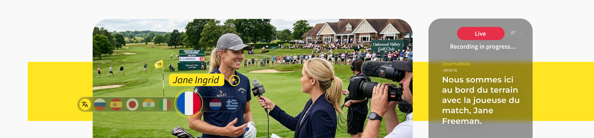Image of female golfer being interviewed with a example of Trint Live translation features being used.