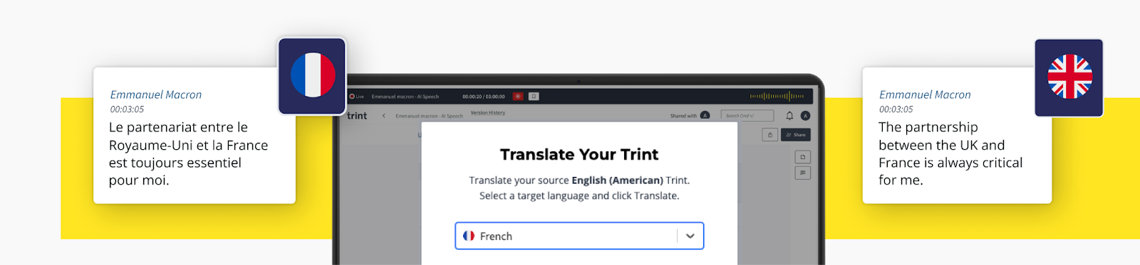 Image showing Trint's desktop app translating a transcript from French to English
