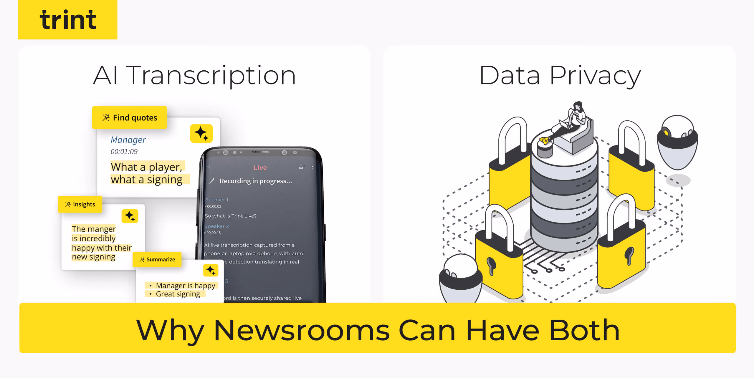 The Public Media Alliance (PMA) and University of Edinburgh’s new report, ‘PSM and AI’, suggests many AI transcription tools present a real danger for data privacy. But solutions like Trint have measures to avoid putting sensitive information at risk.